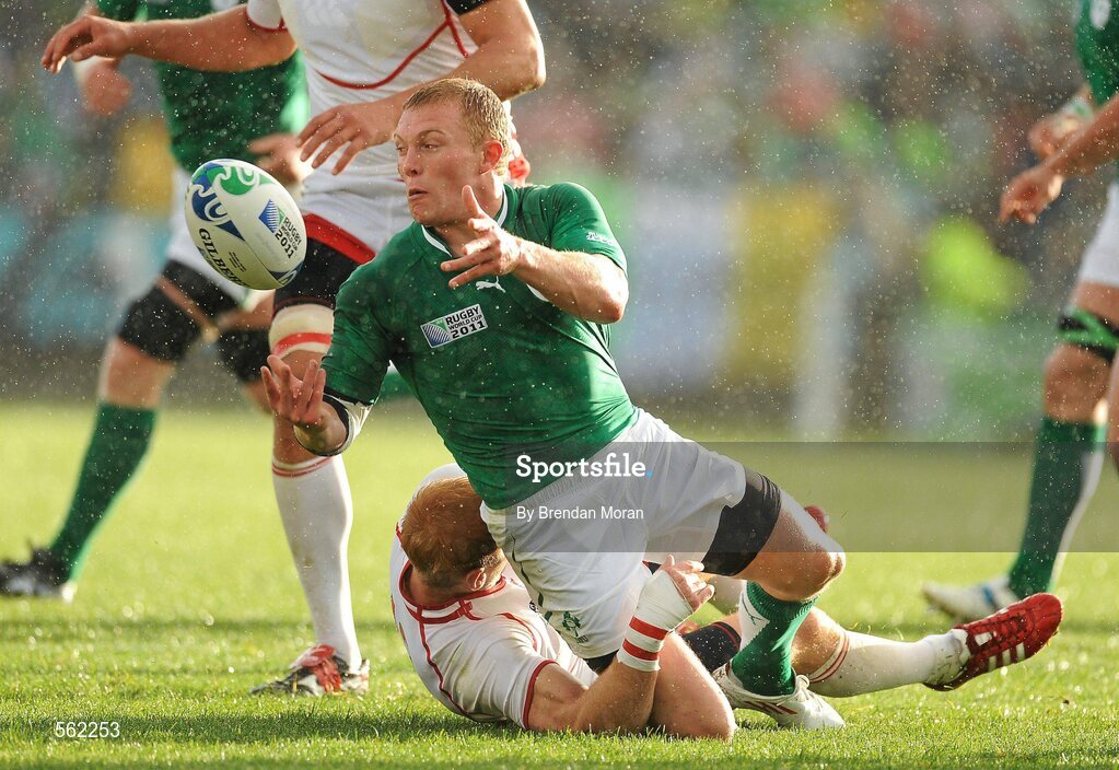25 September 2011; Keith Earls, Ireland, is tackled by Sergey Trishin, Russia. 2011 Rugby World Cup, Pool C, Ireland v Russia, Rotorua International Stadium, Rotorua, New Zealand. Picture credit: Brendan Moran / SPORTSFILE