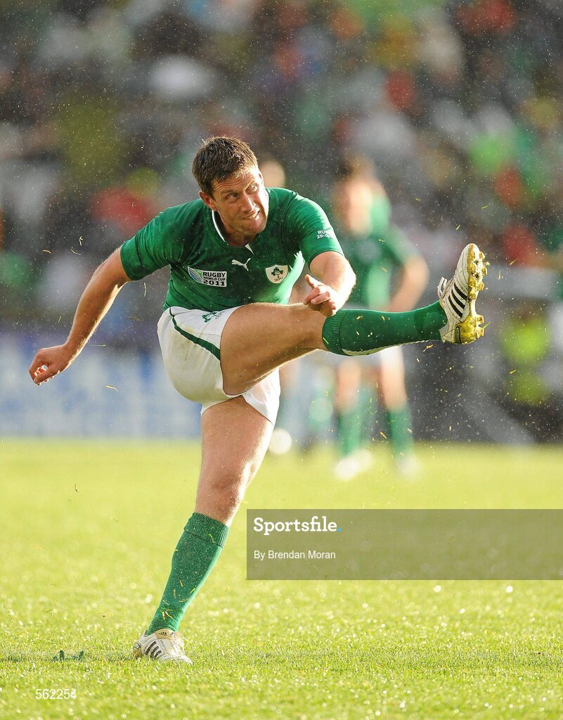 25 September 2011; Ireland out-half Ronan O'Gara kicks a conversion. 2011 Rugby World Cup, Pool C, Ireland v Russia, Rotorua International Stadium, Rotorua, New Zealand. Picture credit: Brendan Moran / SPORTSFILE