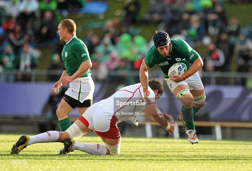 25 September 2011; Sean O'Brien, Ireland, is tackled by Denis Antonov, Russia. 2011 Rugby World Cup, Pool C, Ireland v Russia, Rotorua International Stadium, Rotorua, New Zealand. Picture credit: Brendan Moran / SPORTSFILE