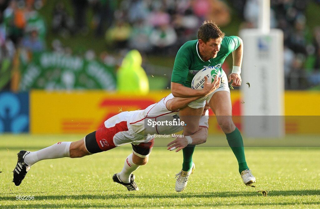 25 September 2011; Ronan O'Gara, Ireland, is tackled by Andrey Kuzin, Russia. 2011 Rugby World Cup, Pool C, Ireland v Russia, Rotorua International Stadium, Rotorua, New Zealand. Picture credit: Brendan Moran / SPORTSFILE
