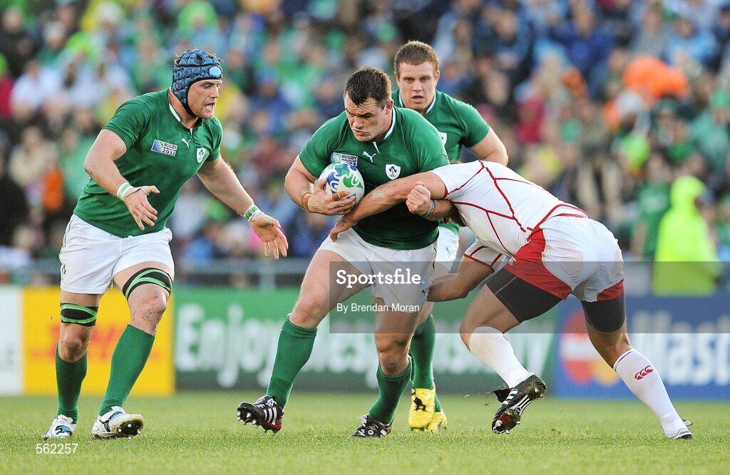 25 September 2011; Cian Healy, Ireland, is tackled by Victor Gresev, Russia. 2011 Rugby World Cup, Pool C, Ireland v Russia, Rotorua International Stadium, Rotorua, New Zealand. Picture credit: Brendan Moran / SPORTSFILE