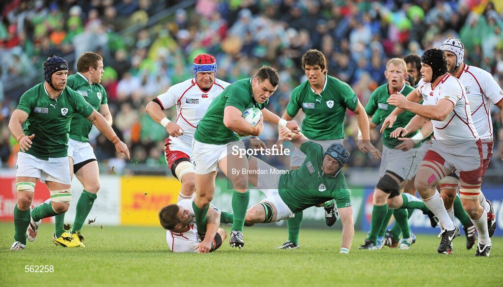 25 September 2011; Cian Healy, Ireland, breaks through the Russia defence. 2011 Rugby World Cup, Pool C, Ireland v Russia, Rotorua International Stadium, Rotorua, New Zealand. Picture credit: Brendan Moran / SPORTSFILE