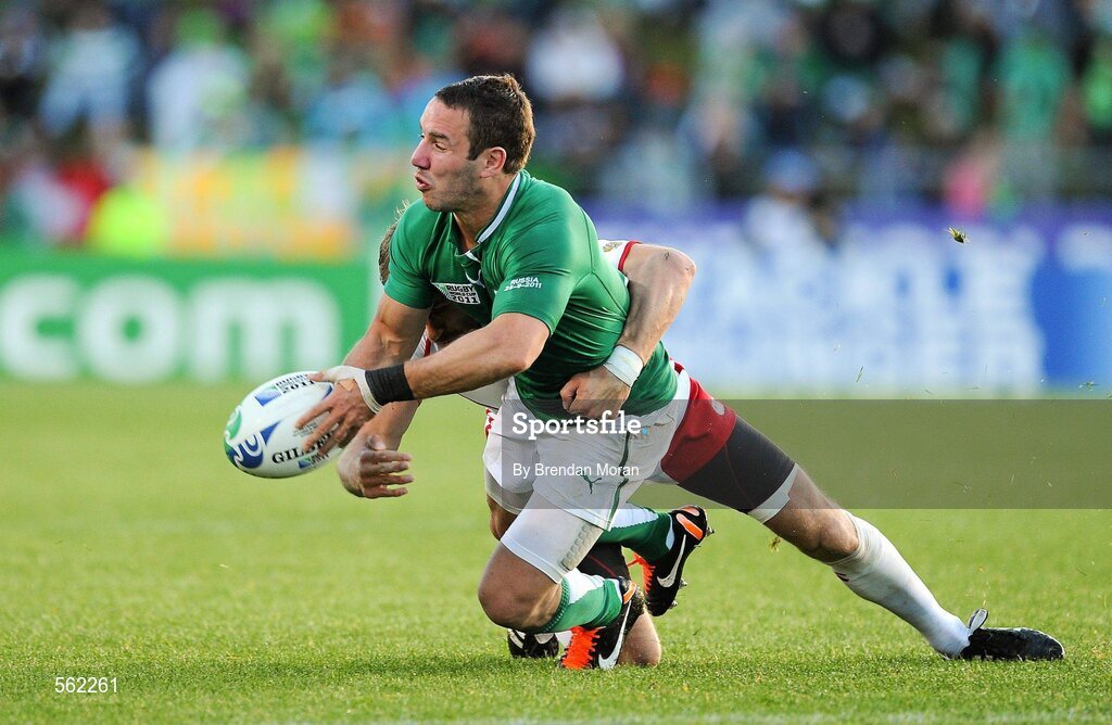 25 September 2011; Paddy Wallace, Ireland, is tackled by Andrey Kuzin, Russia. 2011 Rugby World Cup, Pool C, Ireland v Russia, Rotorua International Stadium, Rotorua, New Zealand. Picture credit: Brendan Moran / SPORTSFILE