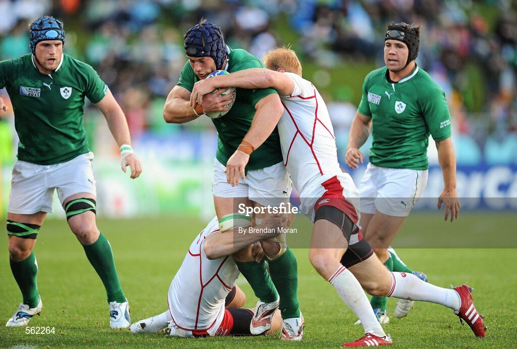 25 September 2011; Sean O'Brien, Ireland, is tackled by Denis Simplikevich and Sergey Trishin, right, Russia. 2011 Rugby World Cup, Pool C, Ireland v Russia, Rotorua International Stadium, Rotorua, New Zealand. Picture credit: Brendan Moran / SPORTSFILE
