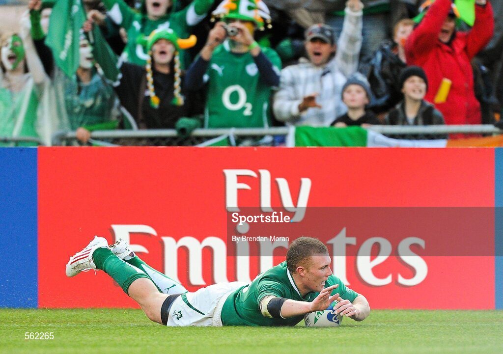 25 September 2011; Keith Earls, Ireland, scores his first, and his side's fourth, try against Russia. 2011 Rugby World Cup, Pool C, Ireland v Russia, Rotorua International Stadium, Rotorua, New Zealand. Picture credit: Brendan Moran / SPORTSFILE