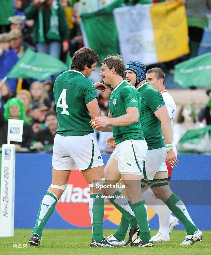 25 September 2011; Ireland's Andrew Trimble is congratulated on scoring his side's fifth try by team-mate Donncha O'Callaghan, left. 2011 Rugby World Cup, Pool C, Ireland v Russia, Rotorua International Stadium, Rotorua, New Zealand. Picture credit: Brendan Moran / SPORTSFILE
