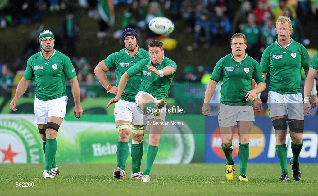 25 September 2011; Ireland out-half Ronan O'Gara kicks for touch watched by team-mates Denis Leamy, Sean O'Brien, Sean Cronin and Leo Cullen. 2011 Rugby World Cup, Pool C, Ireland v Russia, Rotorua International Stadium, Rotorua, New Zealand. Picture credit: Brendan Moran / SPORTSFILE