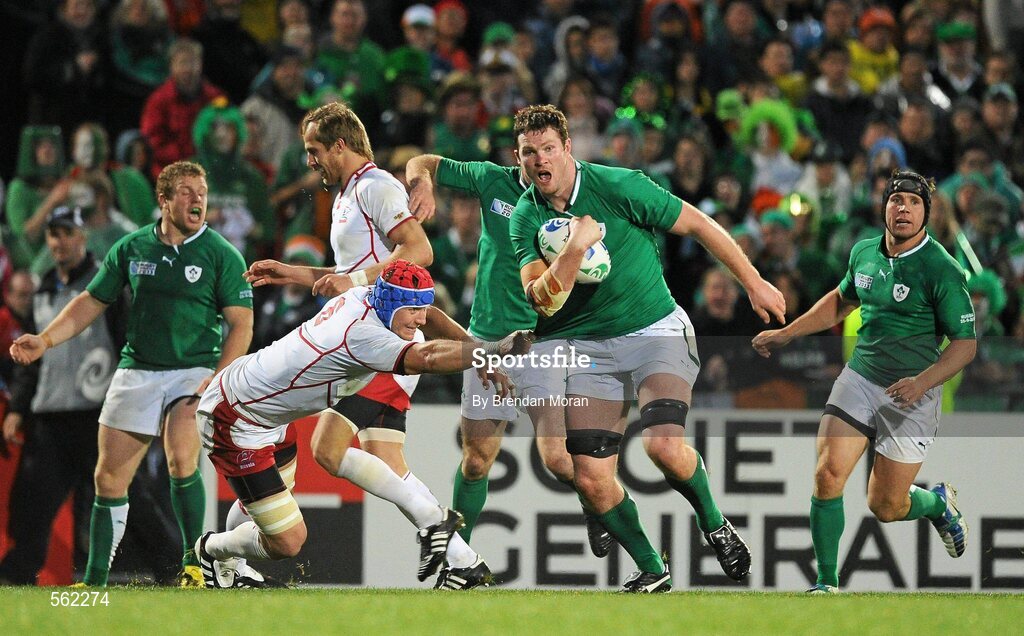 25 September 2011; Donnacha Ryan, Ireland, is tackled by Artem Fatakhov, Russia. 2011 Rugby World Cup, Pool C, Ireland v Russia, Rotorua International Stadium, Rotorua, New Zealand. Picture credit: Brendan Moran / SPORTSFILE