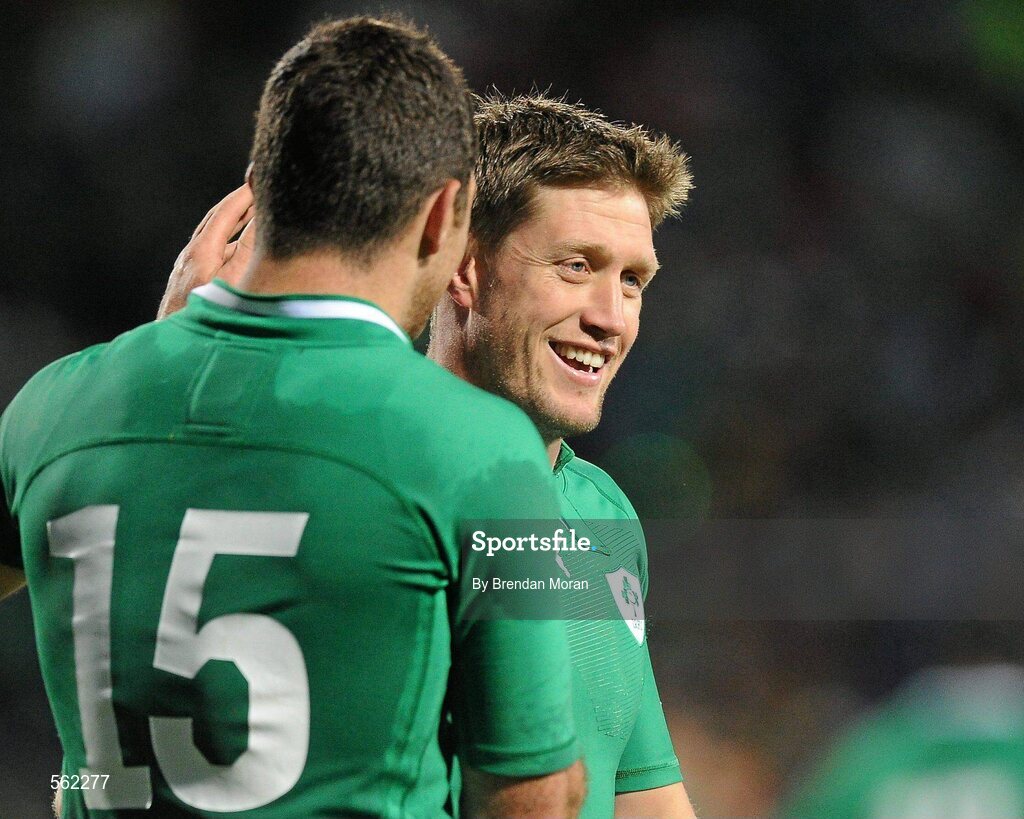 25 September 2011; Ireland out-half Ronan O'Gara smiles while congratulating full-back Rob Kearney on scoring his side's seventh try. 2011 Rugby World Cup, Pool C, Ireland v Russia, Rotorua International Stadium, Rotorua, New Zealand. Picture credit: Brendan Moran / SPORTSFILE