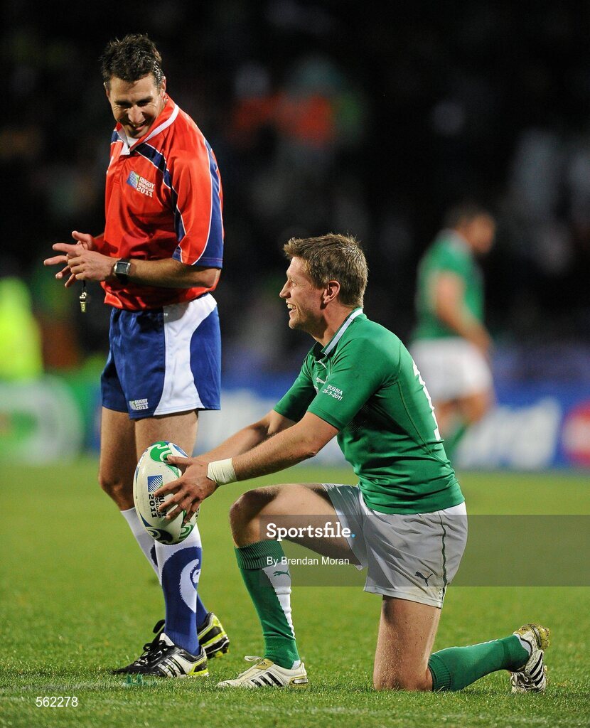 25 September 2011; Ireland out-half Ronan O'Gara shares a light-hearted moment with referee Craig Joubert as he prepares to convert a try by Rob Kearney. 2011 Rugby World Cup, Pool C, Ireland v Russia, Rotorua International Stadium, Rotorua, New Zealand. Picture credit: Brendan Moran / SPORTSFILE