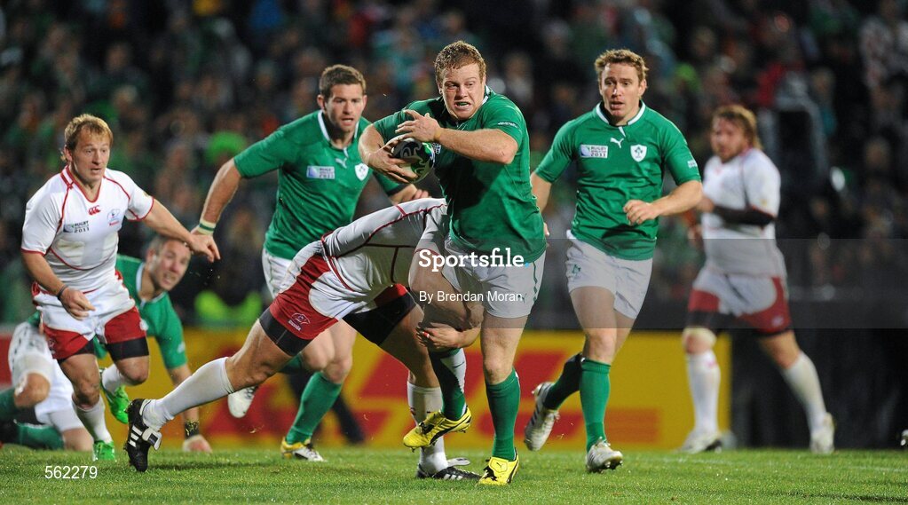 25 September 2011; Sean Cronin, Ireland, is tackled by Victor Gresev, Russia. 2011 Rugby World Cup, Pool C, Ireland v Russia, Rotorua International Stadium, Rotorua, New Zealand. Picture credit: Brendan Moran / SPORTSFILE