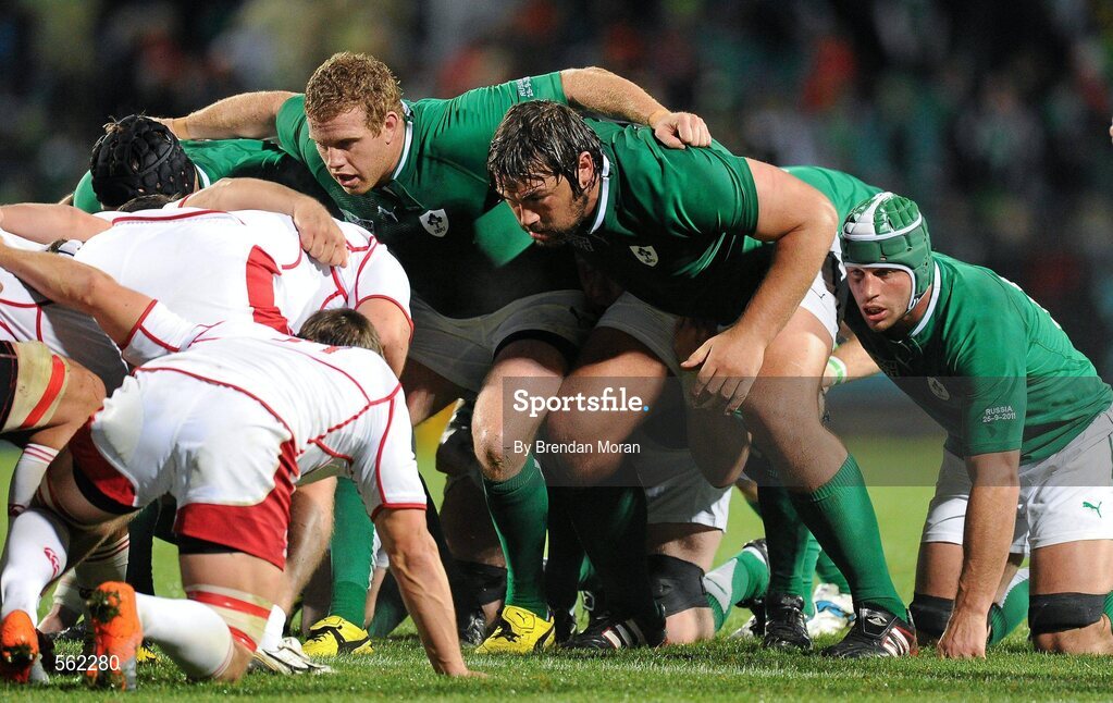 25 September 2011; Ireland forwards Sean Cronin, Tony Buckley and Denis Leamy prepare to engage a scrum. 2011 Rugby World Cup, Pool C, Ireland v Russia, Rotorua International Stadium, Rotorua, New Zealand. Picture credit: Brendan Moran / SPORTSFILE