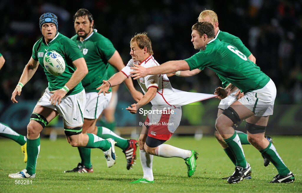 25 September 2011; Donnacha Ryan, Ireland, tackles Russian scrum-half Alexander Yanyushkin. 2011 Rugby World Cup, Pool C, Ireland v Russia, Rotorua International Stadium, Rotorua, New Zealand. Picture credit: Brendan Moran / SPORTSFILE