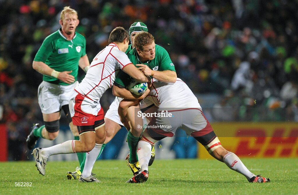 25 September 2011; Sean Cronin, Ireland, is tackled by Mikhail Babaev, left, and Adam Byrnes, Russia. 2011 Rugby World Cup, Pool C, Ireland v Russia, Rotorua International Stadium, Rotorua, New Zealand. Picture credit: Brendan Moran / SPORTSFILE