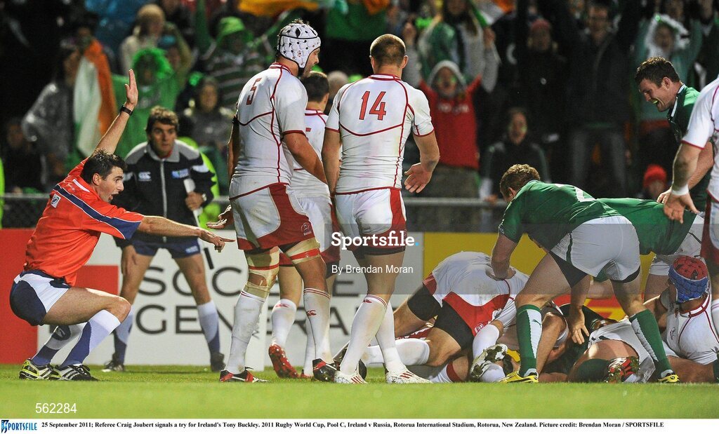 25 September 2011; Referee Craig Joubert signals a try for Ireland's Tony Buckley. 2011 Rugby World Cup, Pool C, Ireland v Russia, Rotorua International Stadium, Rotorua, New Zealand. Picture credit: Brendan Moran / SPORTSFILE