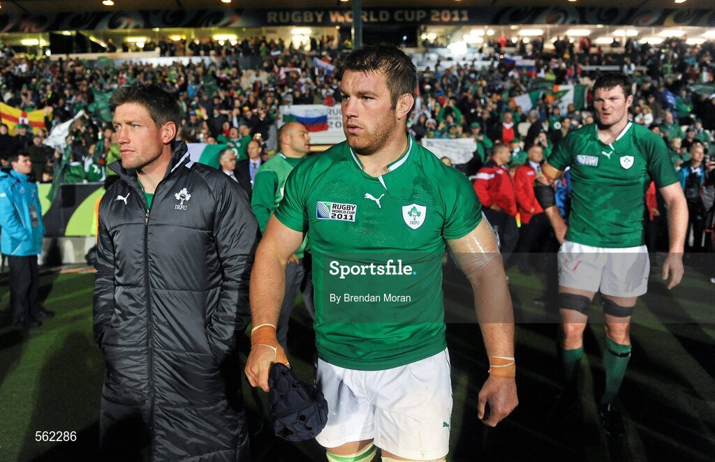 25 September 2011; Ireland's Ronan O'Gara, left, Sean O'Brien and Donnacha Ryan after the game. 2011 Rugby World Cup, Pool C, Ireland v Russia, Rotorua International Stadium, Rotorua, New Zealand. Picture credit: Brendan Moran / SPORTSFILE