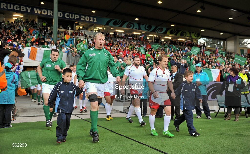 25 September 2011; Ireland captain Leo Cullen leads his side out before the game. 2011 Rugby World Cup, Pool C, Ireland v Russia, Rotorua International Stadium, Rotorua, New Zealand. Picture credit: Brendan Moran / SPORTSFILE