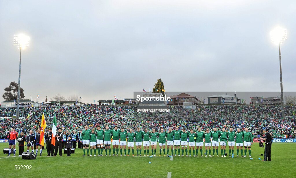 25 September 2011; The Ireland team stand for the national anthems before the game. 2011 Rugby World Cup, Pool C, Ireland v Russia, Rotorua International Stadium, Rotorua, New Zealand. Picture credit: Brendan Moran / SPORTSFILE