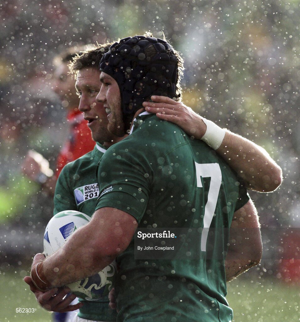 25 September 2011; Ireland's Sean O'Brien is congratulated by Ronan O'Gara after scoring his side's second try. 2011 Rugby World Cup, Pool C, Ireland v Russia, Rotorua International Stadium, Rotorua, New Zealand. Picture credit: John Cowpland / SPORTSFILE