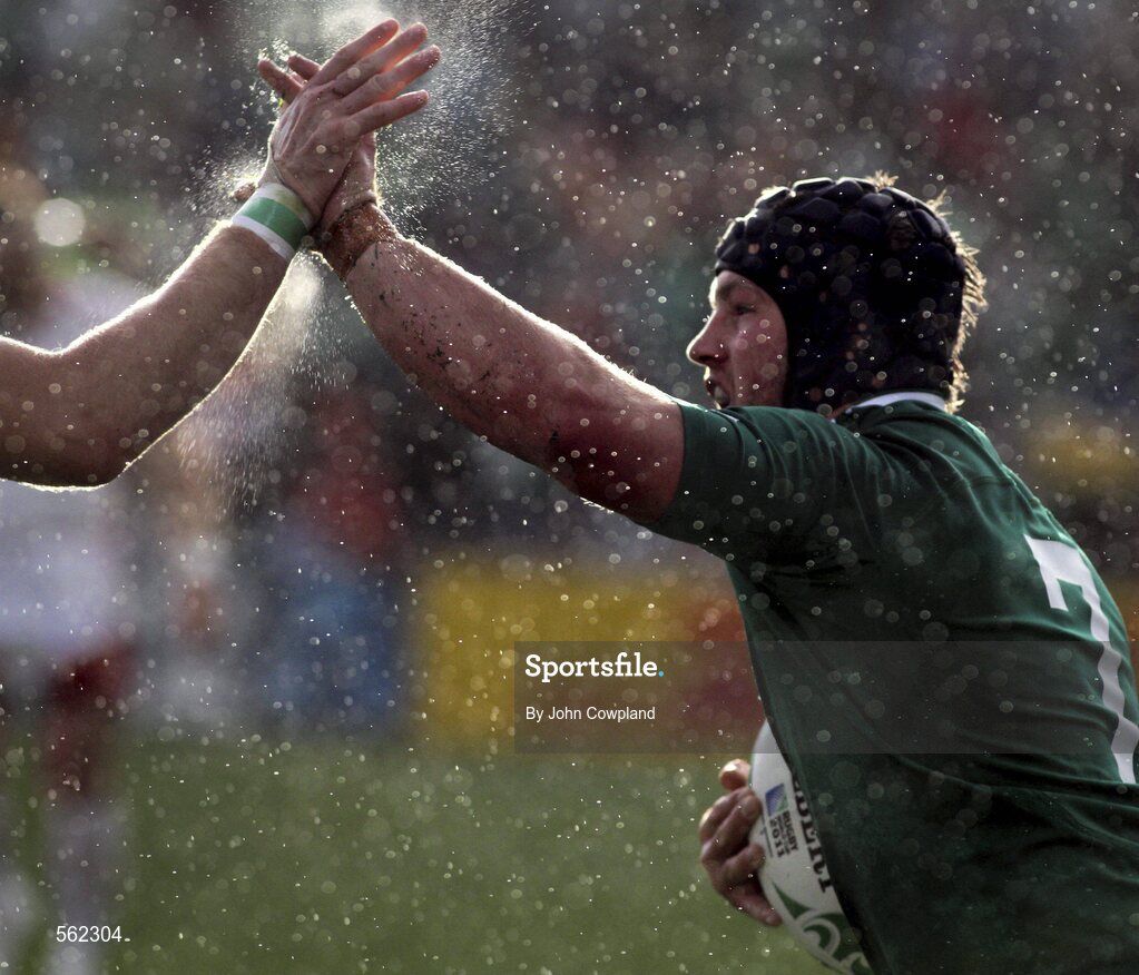 25 September 2011; Ireland's Sean O'Brien celebrates after scoring his side's second try. 2011 Rugby World Cup, Pool C, Ireland v Russia, Rotorua International Stadium, Rotorua, New Zealand. Picture credit: John Cowpland / SPORTSFILE