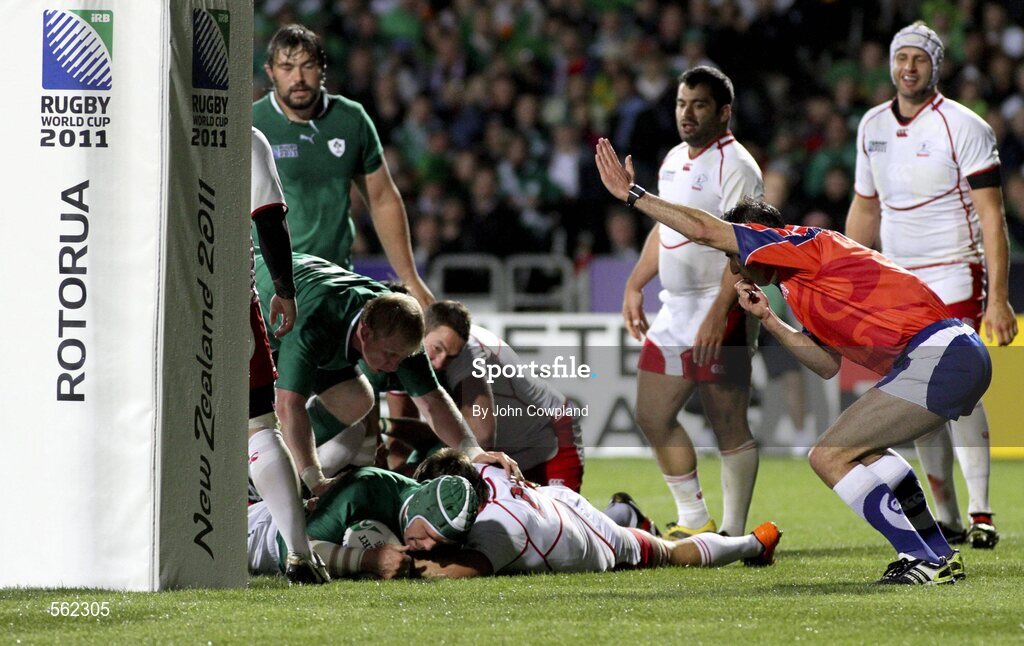 25 September 2011; Ireland's Shane Jennings goes over to score his side's eighth try. 2011 Rugby World Cup, Pool C, Ireland v Russia, Rotorua International Stadium, Rotorua, New Zealand. Picture credit: John Cowpland / SPORTSFILE