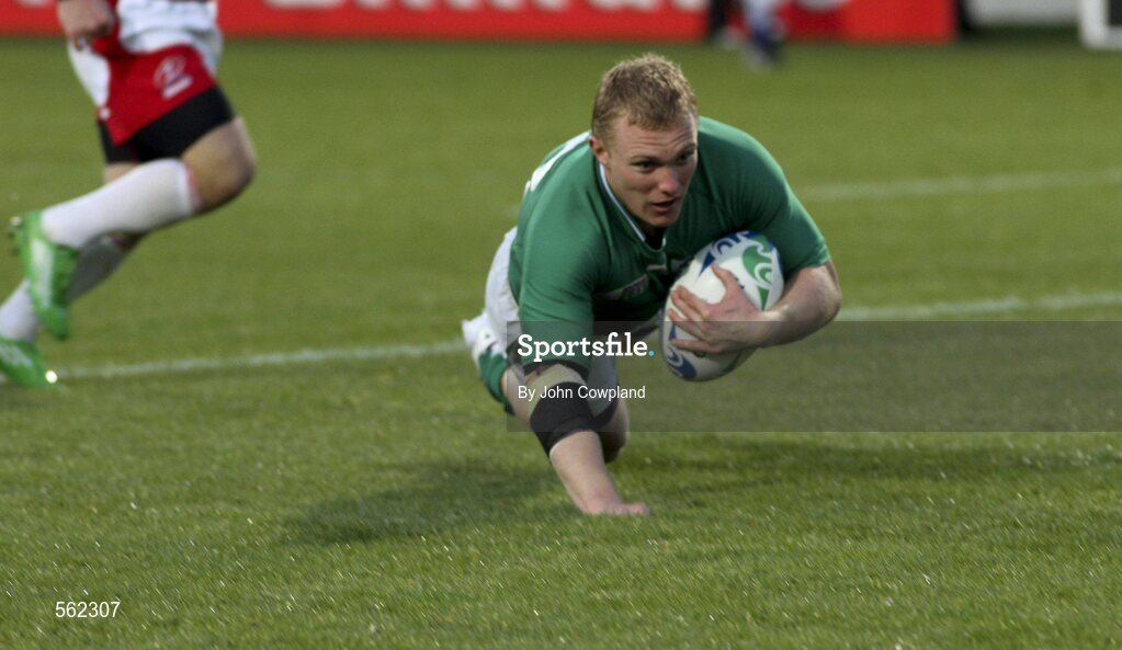 25 September 2011; Keith Earls, Ireland, goes over to score his second, and his side's sixth, try. 2011 Rugby World Cup, Pool C, Ireland v Russia, Rotorua International Stadium, Rotorua, New Zealand. Picture credit: John Cowpland / SPORTSFILE