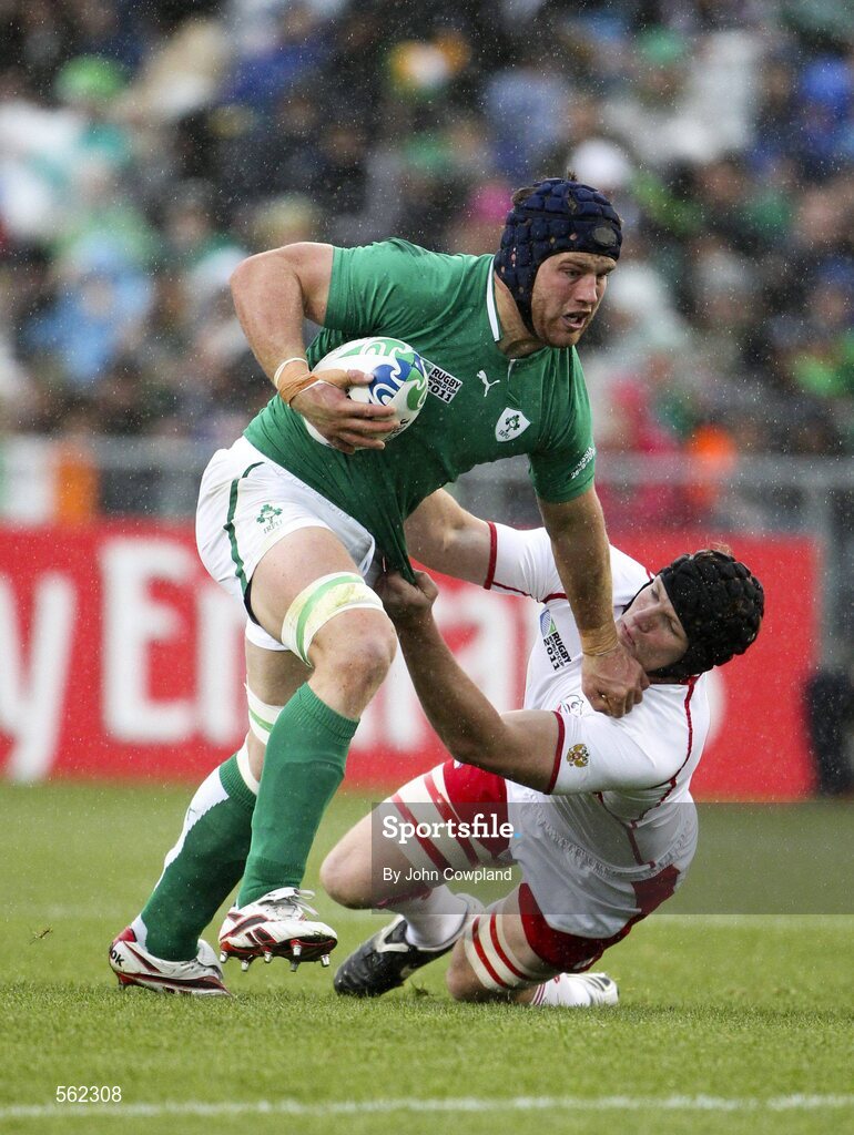 25 September 2011; Sean O'Brien, Ireland, is tackled by Andrey Garbuzov, Russia. 2011 Rugby World Cup, Pool C, Ireland v Russia, Rotorua International Stadium, Rotorua, New Zealand. Picture credit: John Cowpland / SPORTSFILE