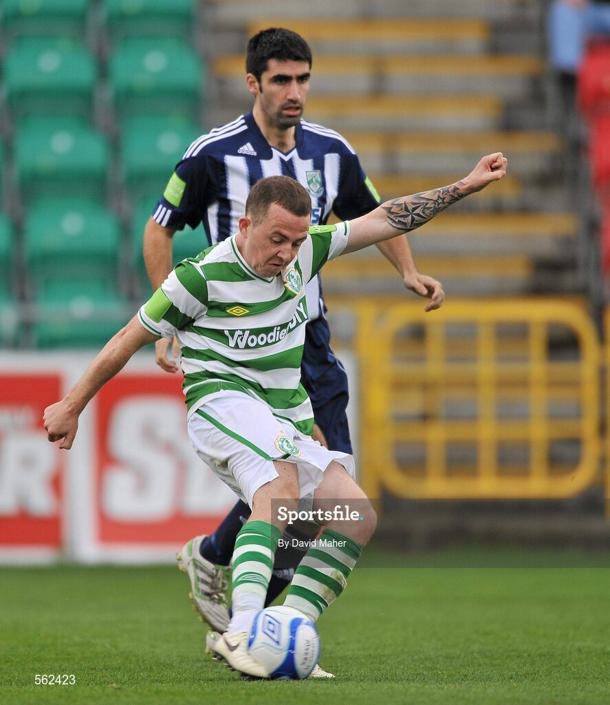 25 September 2011; Gary McCabe, Shamrock Rovers, shoots to score his side's third goal. Airtricity League Premier Division, Shamrock Rovers v Bray Wanderers, Tallaght Stadium, Tallaght, Dublin. Picture credit: David Maher / SPORTSFILE