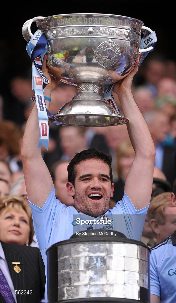 18 September 2011; Ger Brennan, Dublin, lifts The Sam Maguire Cup. GAA Football All-Ireland Senior Championship Final, Kerry v Dublin, Croke Park, Dublin. Picture credit: Stephen McCarthy / SPORTSFILE