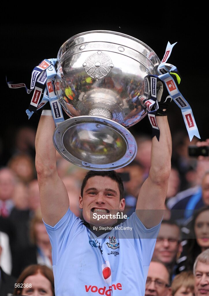 18 September 2011; Diarmuid Connolly, Dublin, lifts The Sam Maguire Cup. GAA Football All-Ireland Senior Championship Final, Kerry v Dublin, Croke Park, Dublin. Picture credit: Stephen McCarthy / SPORTSFILE