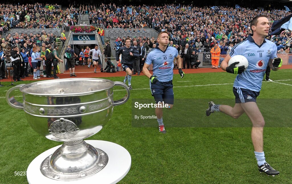 18 September 2011; Barry Cahill, right, and Paul Flynn, Dublin, run out on to the pitch past the Sam Maguire cup. GAA Football All-Ireland Senior Championship Final, Kerry v Dublin, Croke Park, Dublin. Photo by Sportsfile