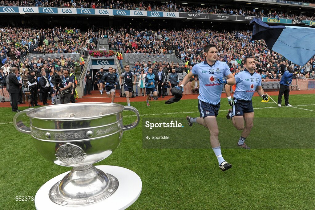 18 September 2011; Ross McConnell and Paul Casey, right, Dublin, run out on to the pitch past the Sam Maguire cup. GAA Football All-Ireland Senior Championship Final, Kerry v Dublin, Croke Park, Dublin. Photo by Sportsfile