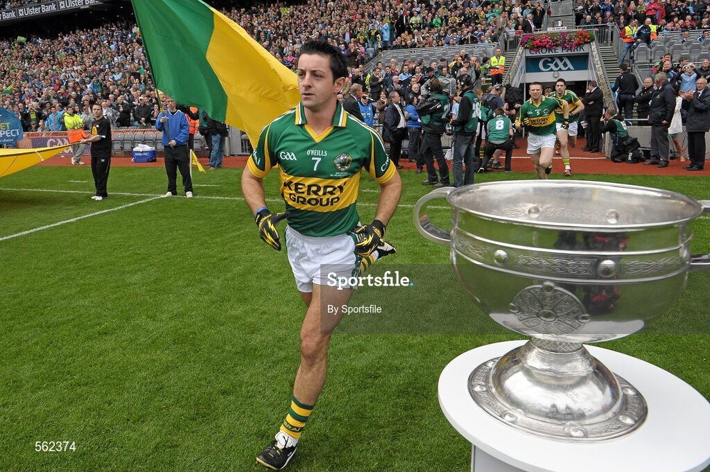 18 September 2011; Aidan O'Mahony, Kerry, runs out on to the pitch past the Sam Maguire cup. GAA Football All-Ireland Senior Championship Final, Kerry v Dublin, Croke Park, Dublin. Photo by Sportsfile