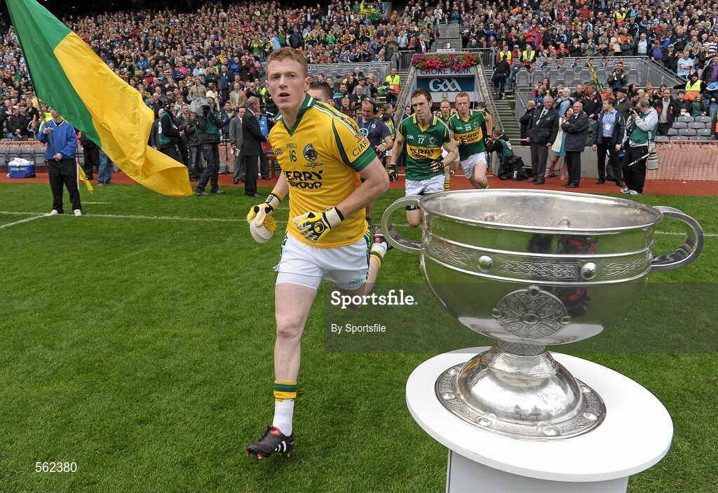 18 September 2011; Tomas Mac a t'Saoir, Kerry, runs out on to the pitch past the Sam Maguire cup. GAA Football All-Ireland Senior Championship Final, Kerry v Dublin, Croke Park, Dublin. Photo by Sportsfile