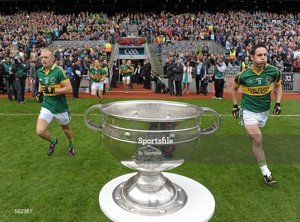 18 September 2011; Barry John Keane, left, and Declan O'Sullivan, Kerry, run out on to the pitch past the Sam Maguire cup. GAA Football All-Ireland Senior Championship Final, Kerry v Dublin, Croke Park, Dublin. Photo by Sportsfile