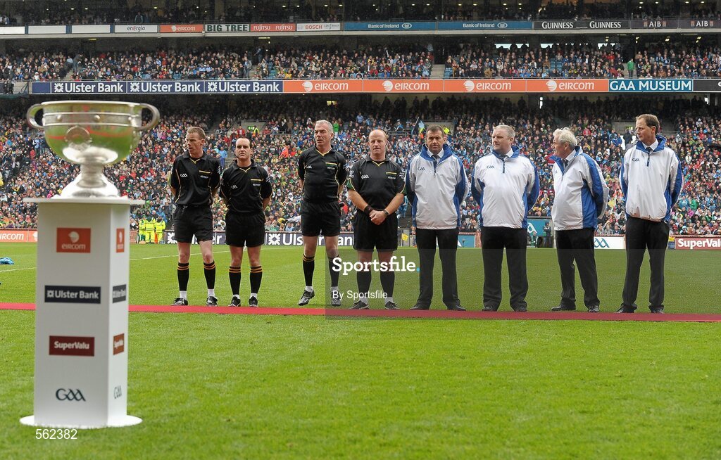 18 September 2011; A general view of match officials and umpires, from left, referee Joe McQuillan with his linesmen David Coldrick, Pat McEnaney, sideline official Maurice Condon and umpires Jimmy Galligan, TP Gray,Tommy O'Reilly, and Ciaran Brady. GAA Football All-Ireland Senior Championship Final, Kerry v Dublin, Croke Park, Dublin. Photo by Sportsfile
