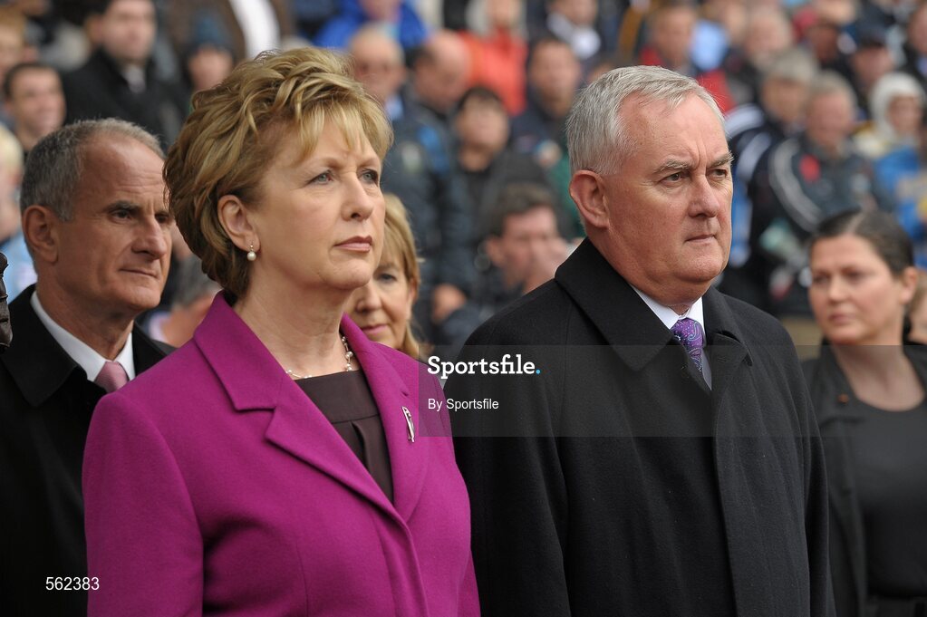 18 September 2011; The President of Ireland Mary McAleese and Uachtarán CLG Criostóir Ó Cuana before the start of the game. GAA Football All-Ireland Senior Championship Final, Kerry v Dublin, Croke Park, Dublin. Photo by Sportsfile