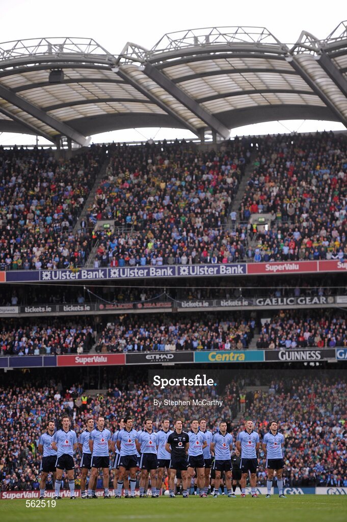 18 September 2011; The Dublin team during the National Anthem. GAA Football All-Ireland Senior Championship Final, Kerry v Dublin, Croke Park, Dublin. Picture credit: Stephen McCarthy / SPORTSFILE
