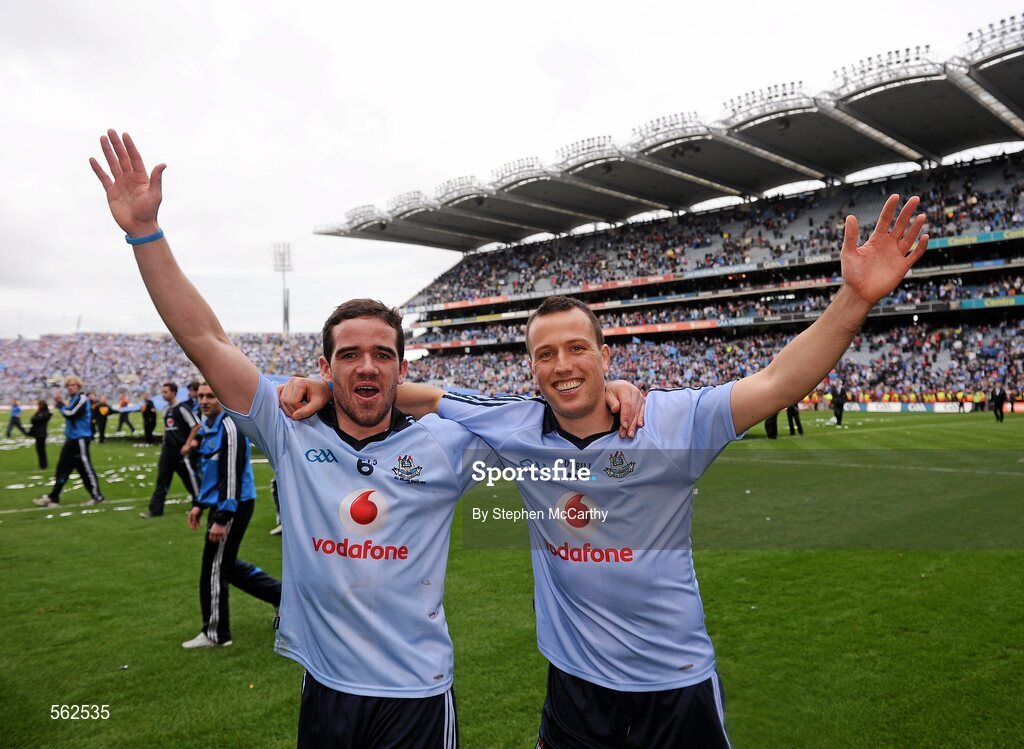 18 September 2011; Ger Brennan and Paul Conlon, Dublin, celebrate their side's victory. GAA Football All-Ireland Senior Championship Final, Kerry v Dublin, Croke Park, Dublin. Picture credit: Stephen McCarthy / SPORTSFILE