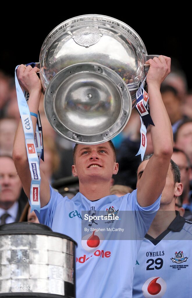 18 September 2011; Michael McCarthy, Dublin, lifts The Sam Maguire Cup. GAA Football All-Ireland Senior Championship Final, Kerry v Dublin, Croke Park, Dublin. Picture credit: Stephen McCarthy / SPORTSFILE