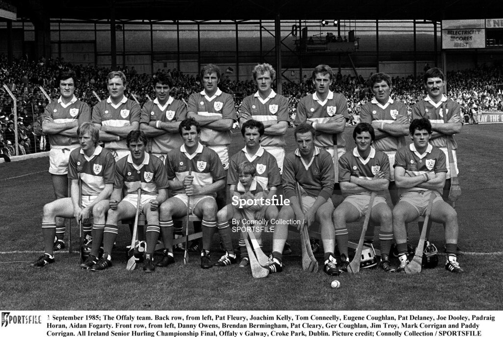 1 September 1985; The Offaly team. Back row, from left, Pat Fleury, Joachim Kelly, Tom Conneelly, Eugene Coughlan, Pat Delaney, Joe Dooley, Padraig Horan, Aidan Fogarty. Front row, from left, Danny Owens, Brendan Bermingham, Pat Cleary, Ger Coughlan, Jim Troy, Mark Corrigan and Paddy Corrigan. All Ireland Senior Hurling Championship Final, Offaly v Galway, Croke Park, Dublin. Picture credit; Connolly Collection / SPORTSFILE