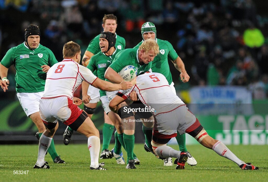 25 September 2011; Leo Cullen, Ireland, is tackled by Victor Gresev, left, and Adam Byrnes, Russia. 2011 Rugby World Cup, Pool C, Ireland v Russia, Rotorua International Stadium, Rotorua, New Zealand. Picture credit: Brendan Moran / SPORTSFILE