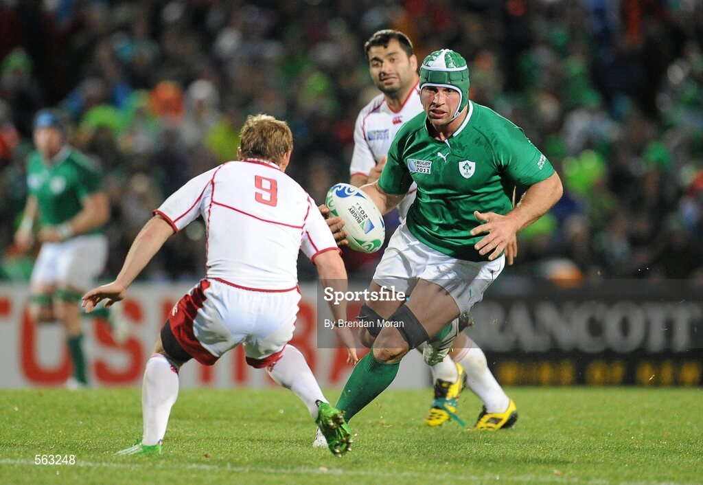 25 September 2011; Denis Leamy, Ireland, takes on Alexander Yanyushkin, Russia. 2011 Rugby World Cup, Pool C, Ireland v Russia, Rotorua International Stadium, Rotorua, New Zealand. Picture credit: Brendan Moran / SPORTSFILE