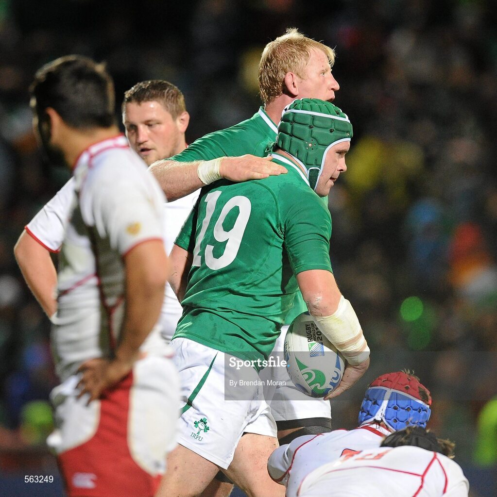 25 September 2011; Shane Jennings, 19, Ireland, is congratulated by team-mate Leo Cullen on scoring his side's 8th try against Russia. 2011 Rugby World Cup, Pool C, Ireland v Russia, Rotorua International Stadium, Rotorua, New Zealand. Picture credit: Brendan Moran / SPORTSFILE