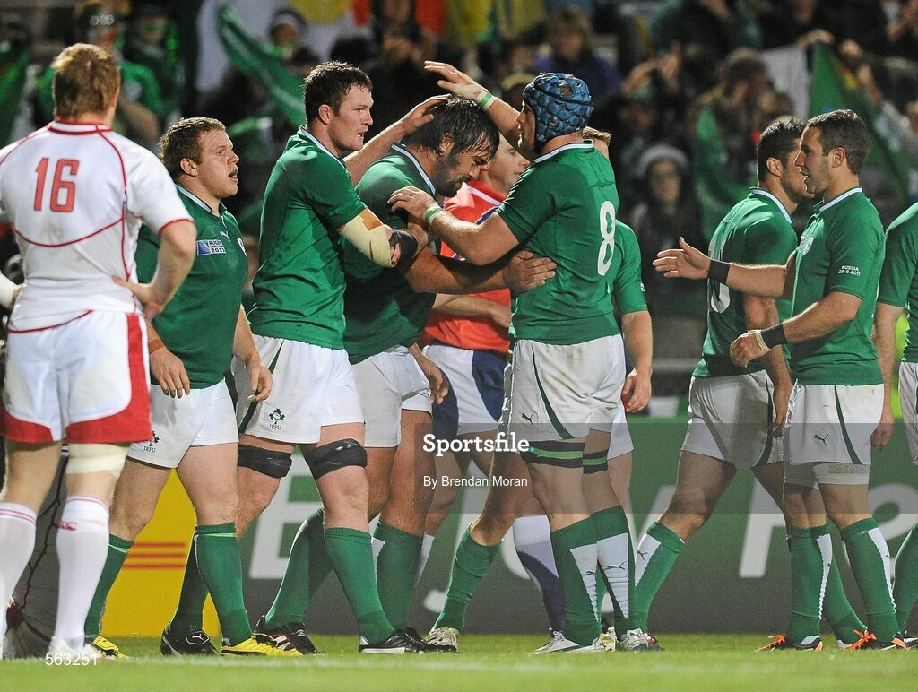 25 September 2011; Ireland's Tony Buckley is congratulated by team-mates Donnacha Ryan and Jamie Heaslip after scoring his side's 9th and final try. 2011 Rugby World Cup, Pool C, Ireland v Russia, Rotorua International Stadium, Rotorua, New Zealand. Picture credit: Brendan Moran / SPORTSFILE