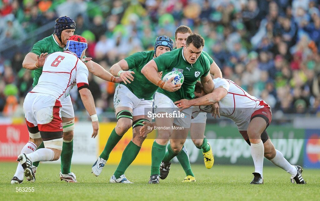 25 September 2011; Cian Healy, Ireland, is tackled by Victor Gresev, Russia. 2011 Rugby World Cup, Pool C, Ireland v Russia, Rotorua International Stadium, Rotorua, New Zealand. Picture credit: Brendan Moran / SPORTSFILE