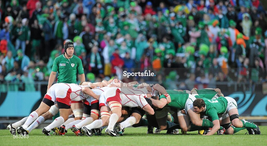 25 September 2011; Ireland scrum-half Isaac Boss looks on as the Russia and Ireland packs engage in a scrum. 2011 Rugby World Cup, Pool C, Ireland v Russia, Rotorua International Stadium, Rotorua, New Zealand. Picture credit: Brendan Moran / SPORTSFILE