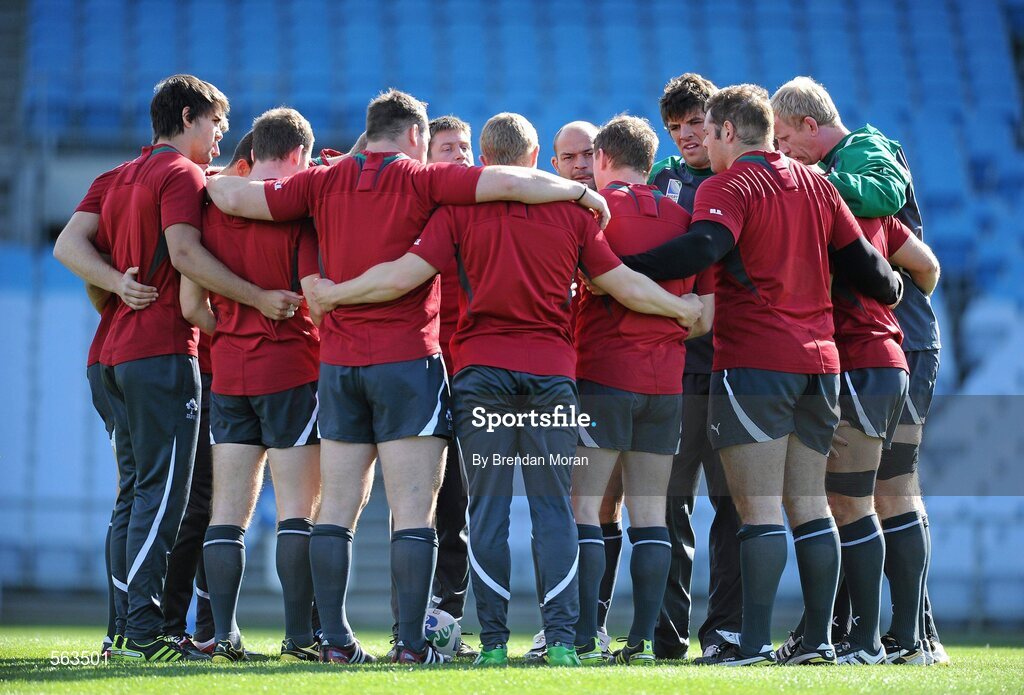 28 September 2011; The Ireland squad gather together in a huddle during squad training ahead of their 2011 Rugby World Cup, Pool C, game against Italy on Sunday. Ireland Rugby Squad Training, Carisbrook Stadium, Dunedin, New Zealand. Picture credit: Brendan Moran / SPORTSFILE