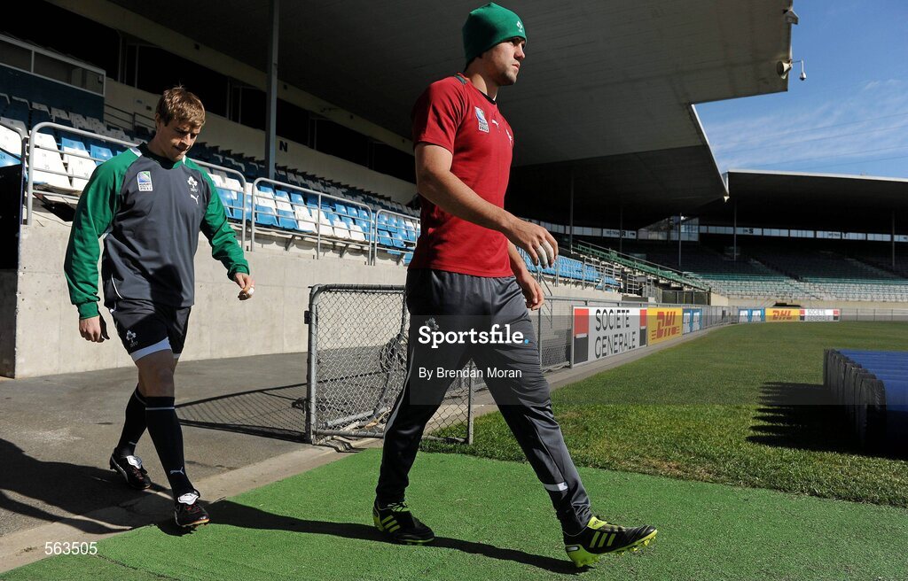 28 September 2011; Ireland's Andrew Trimble and Conor Murray walk out before squad training ahead of their 2011 Rugby World Cup, Pool C, game against Italy on Sunday. Ireland Rugby Squad Training, Carisbrook Stadium, Dunedin, New Zealand. Picture credit: Brendan Moran / SPORTSFILE