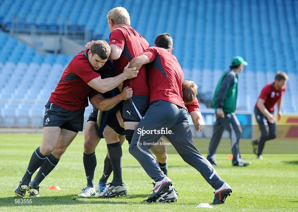 28 September 2011; Ireland's Gordon D'Arcy, Leo Cullen and Rob Kearney in action during squad training ahead of their 2011 Rugby World Cup, Pool C, game against Italy on Sunday. Ireland Rugby Squad Training, Carisbrook Stadium, Dunedin, New Zealand. Picture credit: Brendan Moran / SPORTSFILE